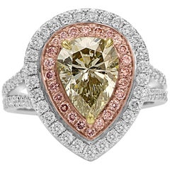 GIA Certified Green Diamond Double Halo Pink and White Diamond Bridal Gold Ring