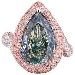 GIA Certified Green Pink White 7.68 Carat Natural Diamond Statement Pear Ring