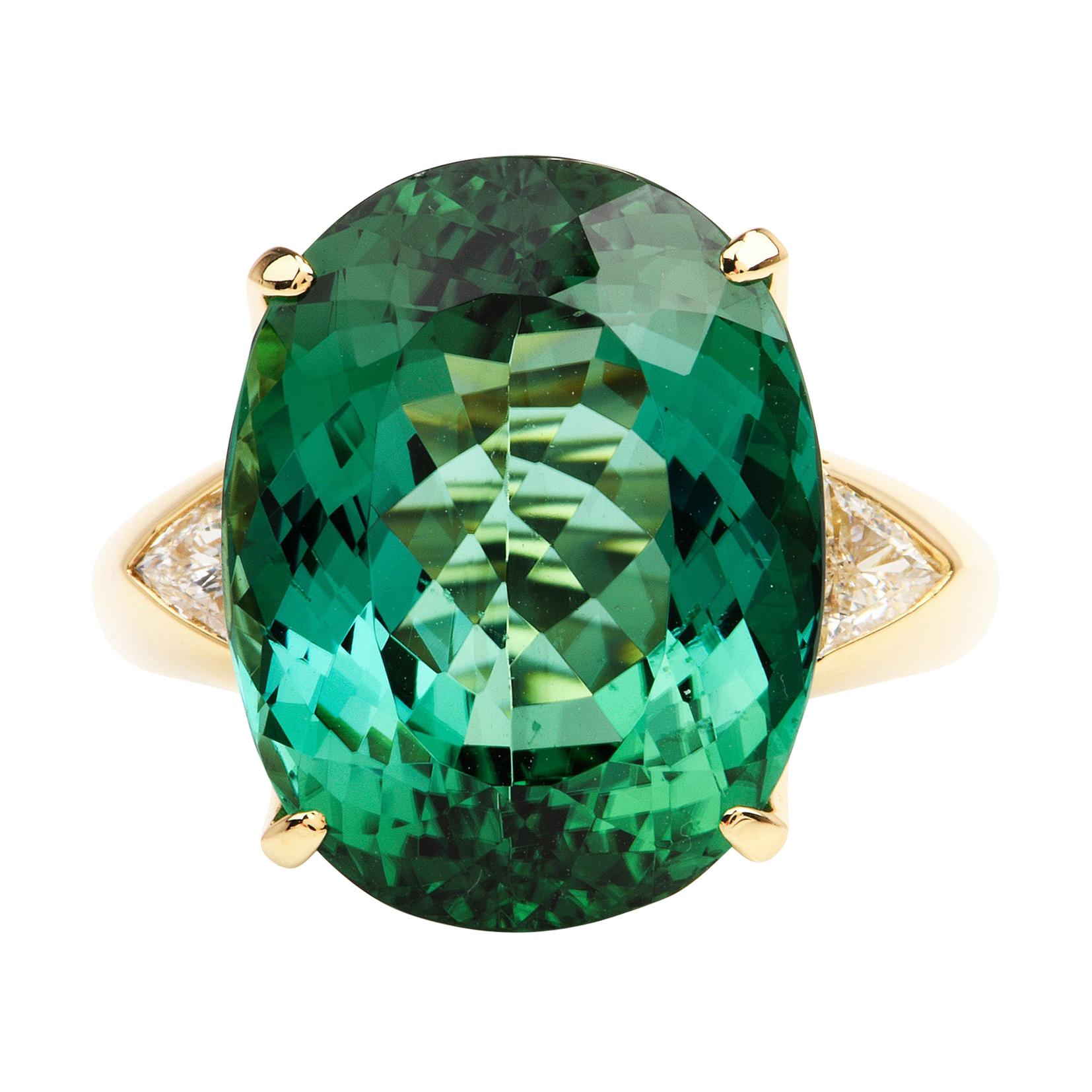 GIA Certified Green Tourmaline Diamond 18k Gold Cocktail Ring