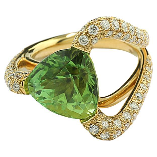 GIA Certified Green Tourmaline Diamonds Ring 18 Karat Yellow Gold Cocktail Ring For Sale