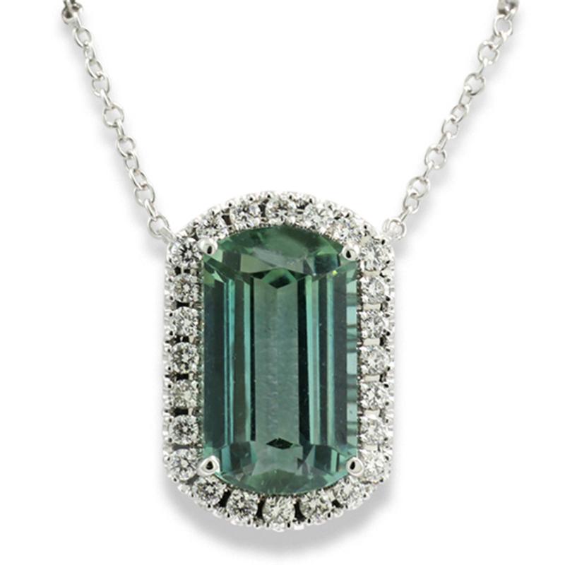 GIA Certified Green Tourmaline Sea Foam Diamond Necklace 18kt White Gold In New Condition For Sale In München, DE