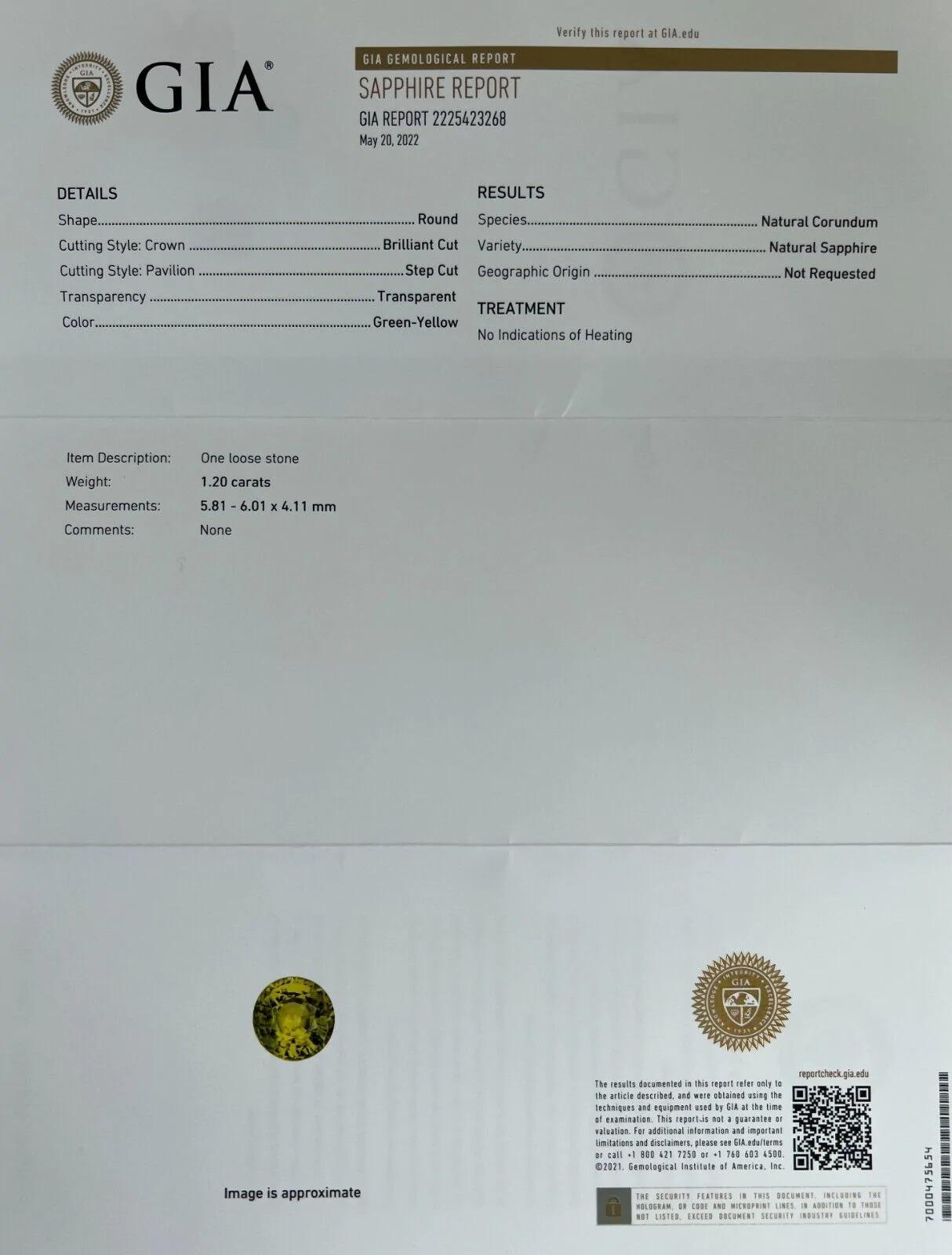 GIA-zertifizierter grüner gelber Saphir 1,20 Karat unbehandelter Rundschliff Unerhitzter Selten im Angebot 4