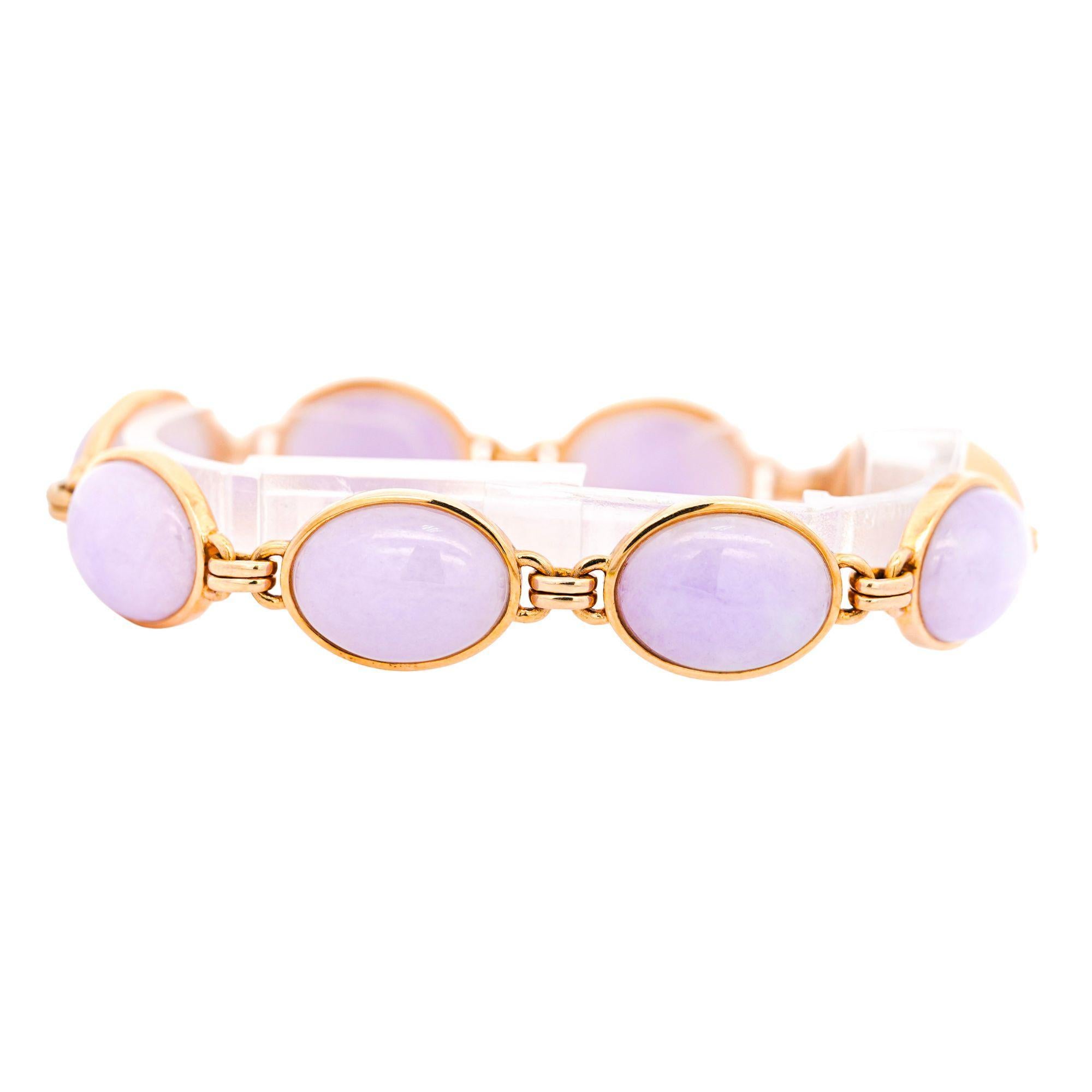 Pulsera vintage Gumps San Francisco de jade lavanda con ocho cabujones ovalados de jadeíta de tipo A en engastes de bisel de oro amarillo de 14 quilates con eslabones decorativos. Jadeíta natural sin tratar, certificada por el GIA, de bello color