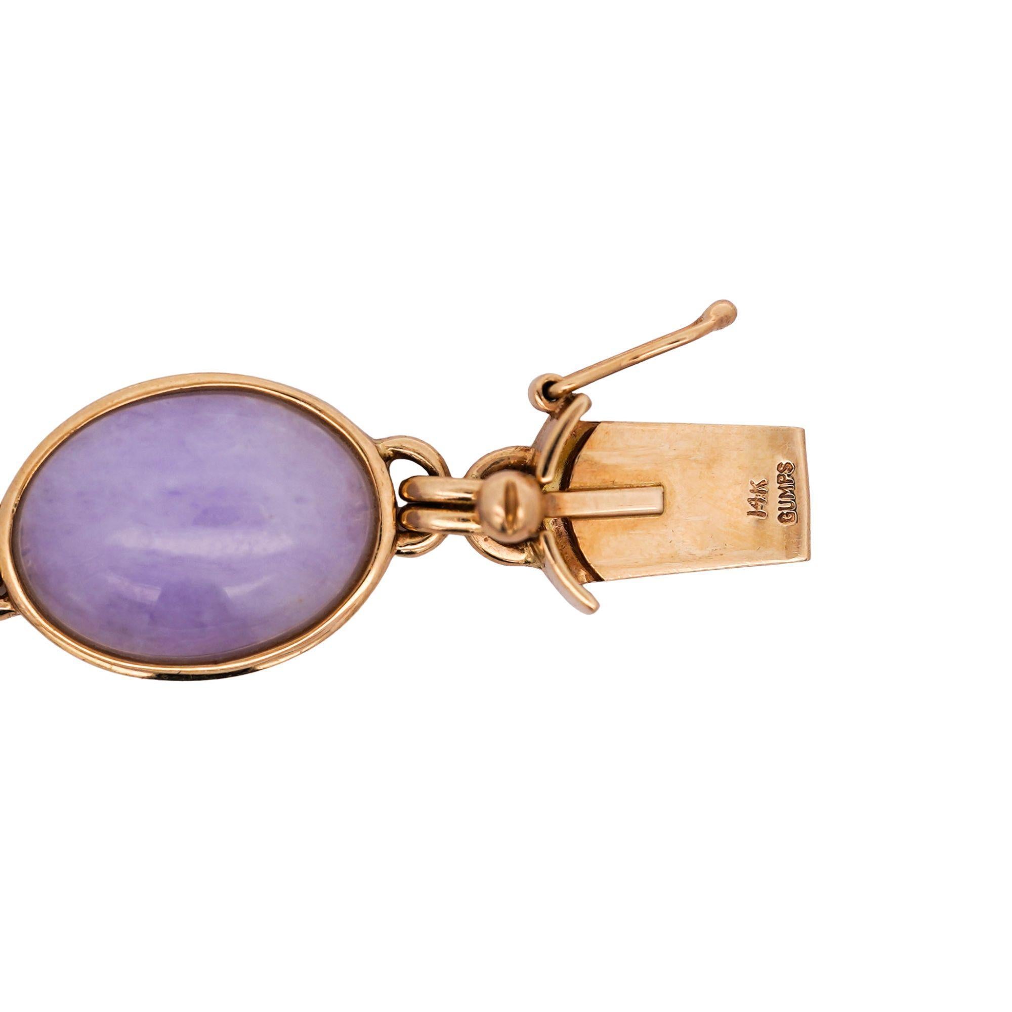 Pulsera de eslabones de oro de 14 quilates con jadeíta lavanda certificada por GIA y firmada por GUMP en venta 1