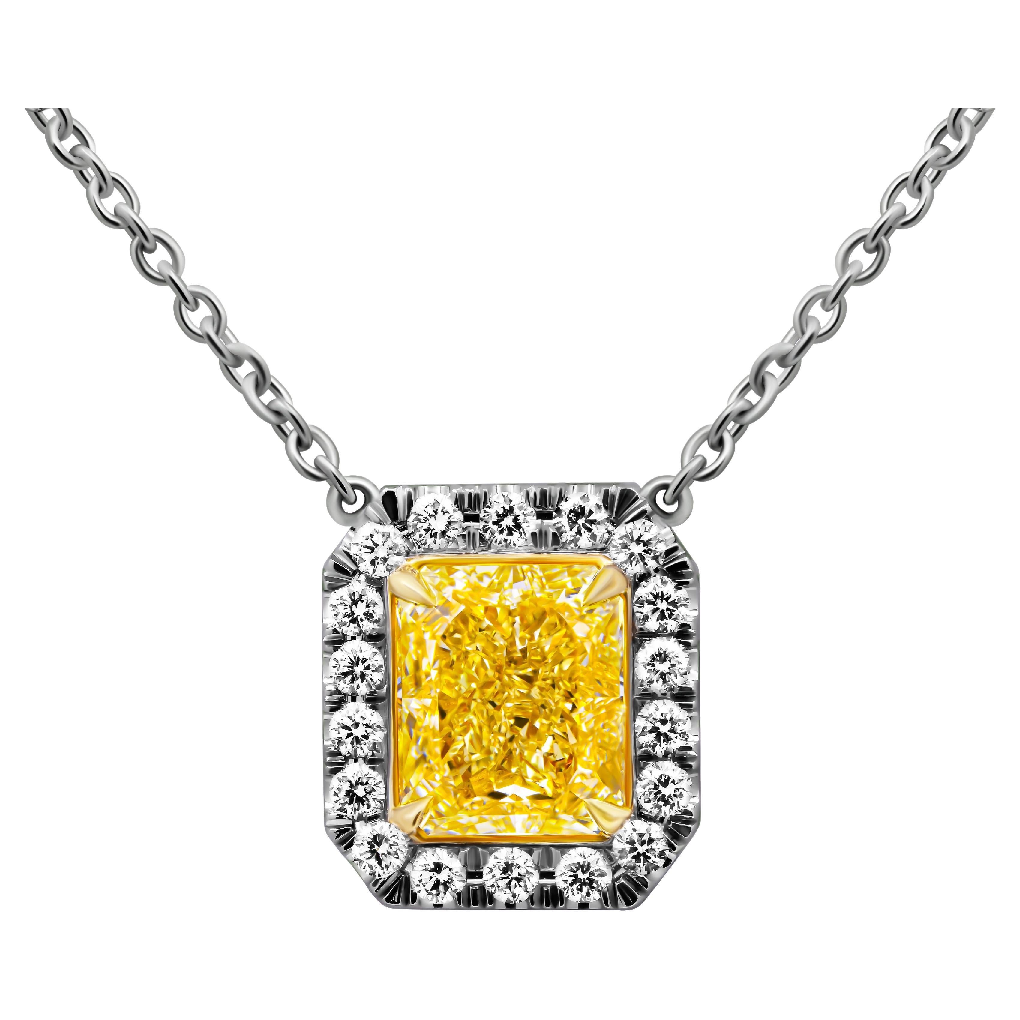 GIA Certified Halo Pendant with 4.02ct Fancy Light Yellow Diamond Radiant Cut