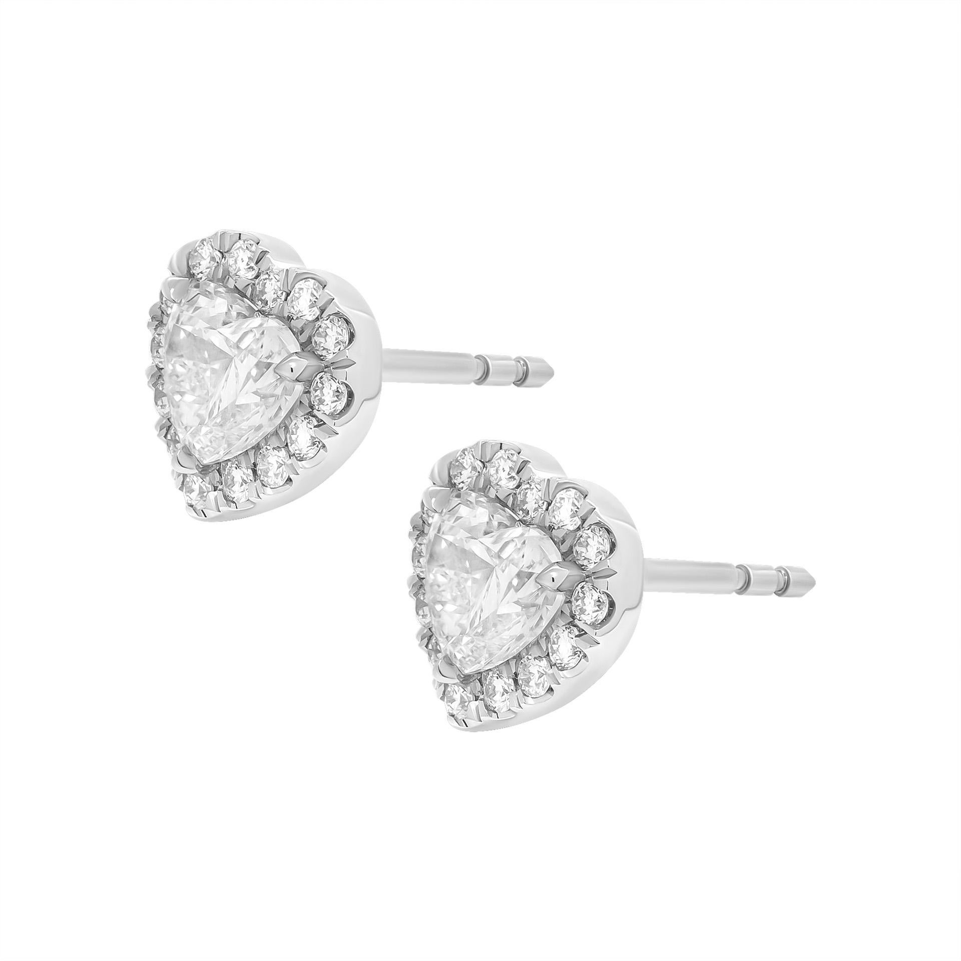 Classic Halo studs with Heart Shape diamonds in Platinum
GIA Certified
0.52ct G VS1 Heart Shape Diamond GIA#5222535001 
0.51ct F VS1 Heart Shape Diamond GIA#7438973071 
Total Carat Weight of pave: 0.21ct ( F/G color VS clarity)