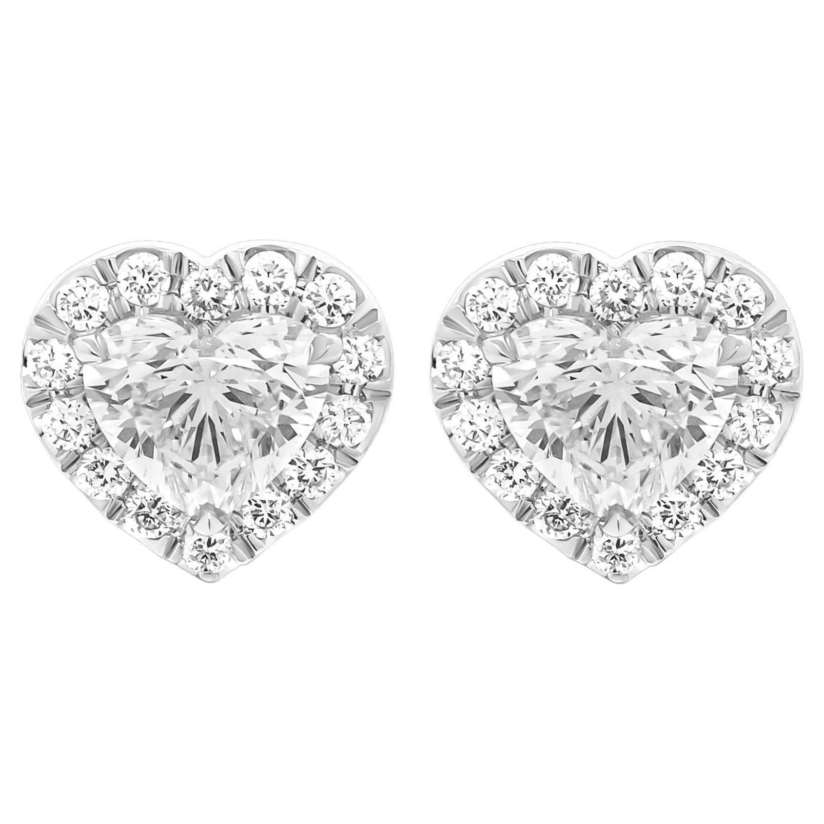 GIA Certified Halo Studs with Heart Shape Diamonds in Platinum For Sale