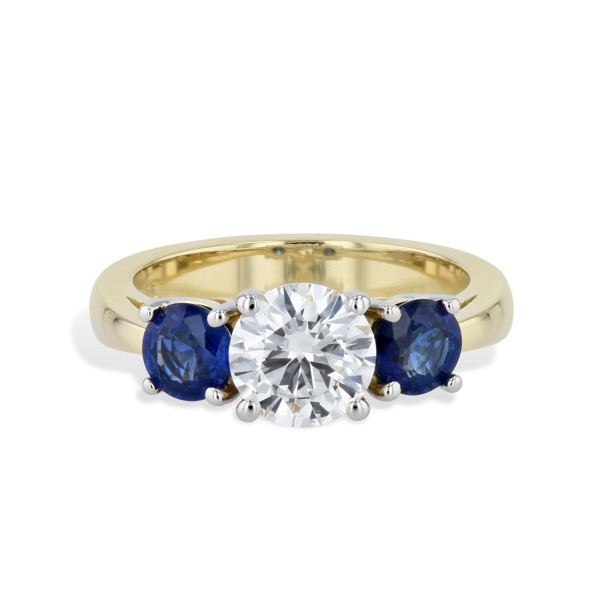 GIA Certified Handmade 3-Stone Diamond and Sapphire Ring In New Condition For Sale In Miami, FL