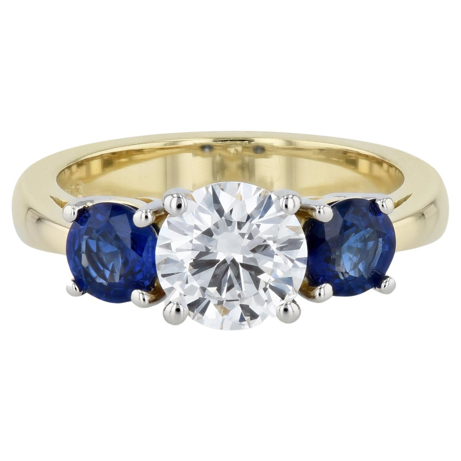 GIA Certified Handmade 3-Stone Diamond and Sapphire Ring For Sale
