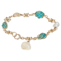 Antique GIA Certified Handmade Freshwater Pearl Turquoise Gold Bracelet