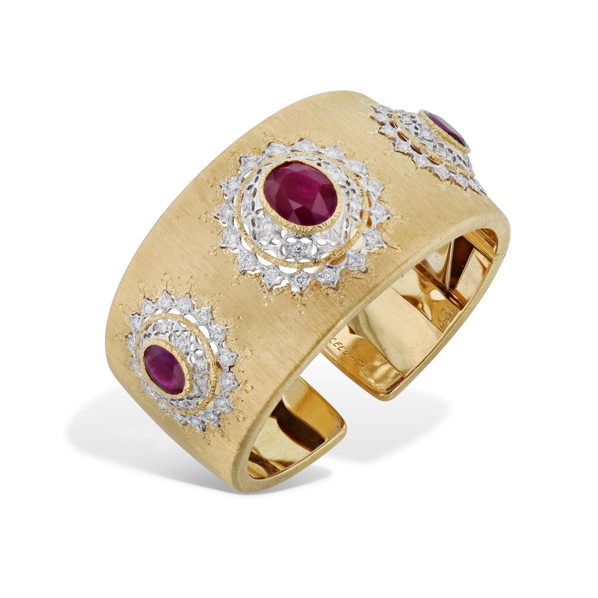 This is one of the most stunning bracelets you will ever see!
This is a handmade original Buccellati cuff bracelet with original box.

There are a total of approximately 9.5 carats of Burmese Rubies in this 18 karat yellow and white gold cuff