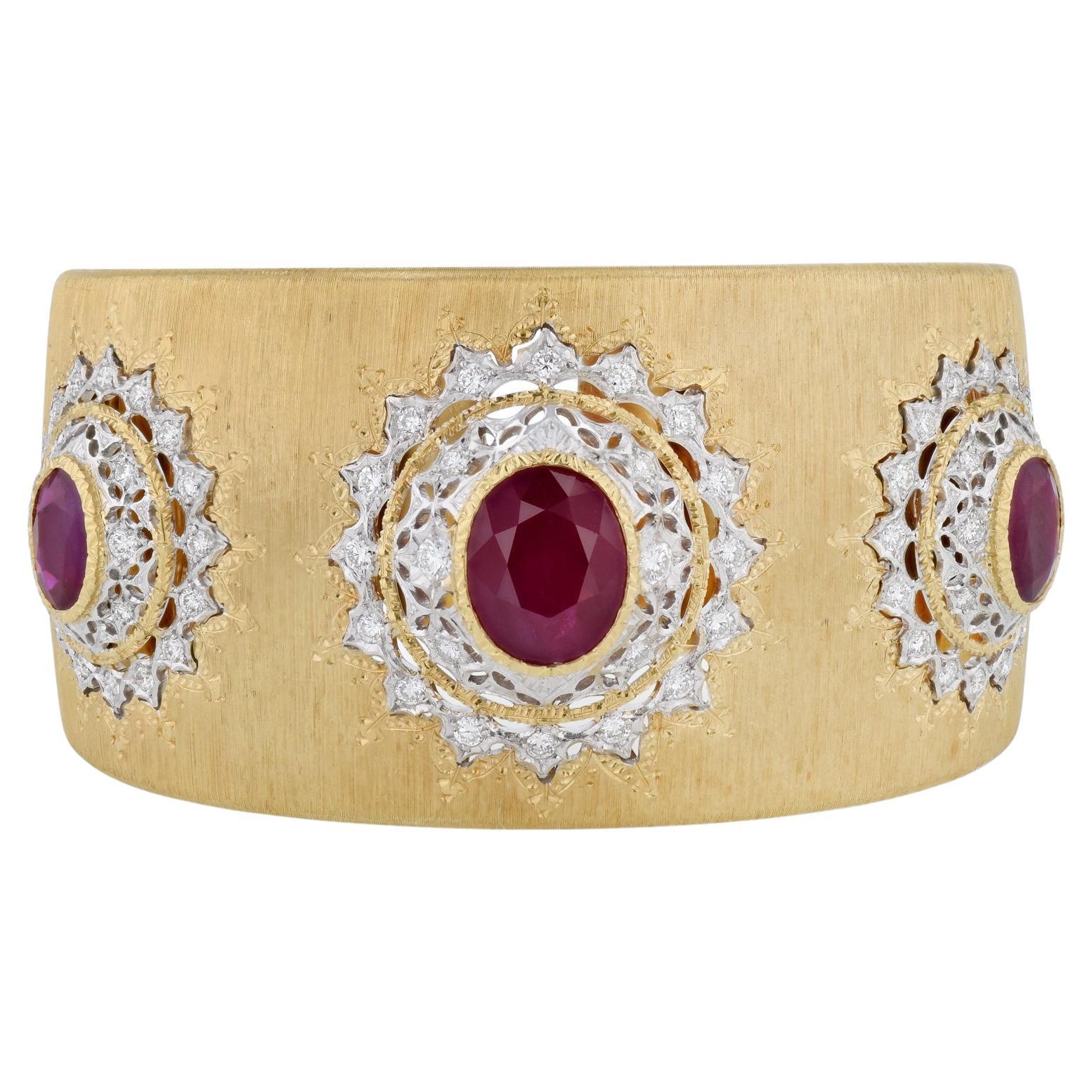 Oval Cut Buccellati 9.5 Carats Burmese Ruby Diamond Wide Cuff Bracelet GIA Certified  For Sale
