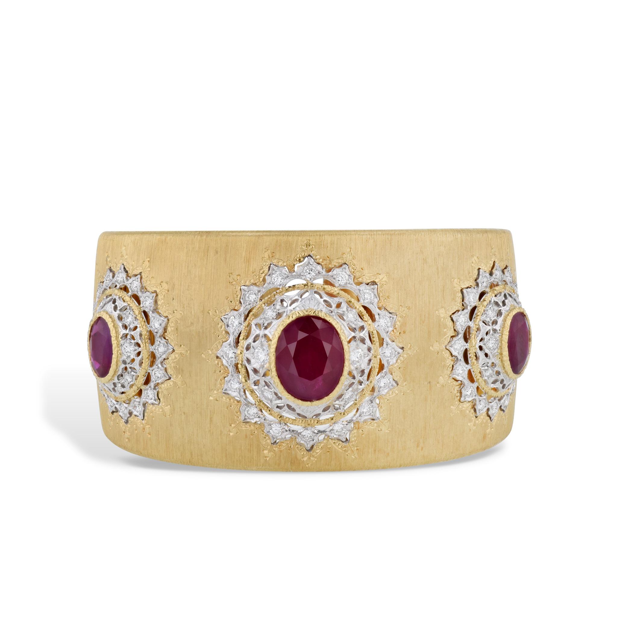 Women's Buccellati 9.5 Carats Burmese Ruby Diamond Wide Cuff Bracelet GIA Certified  For Sale