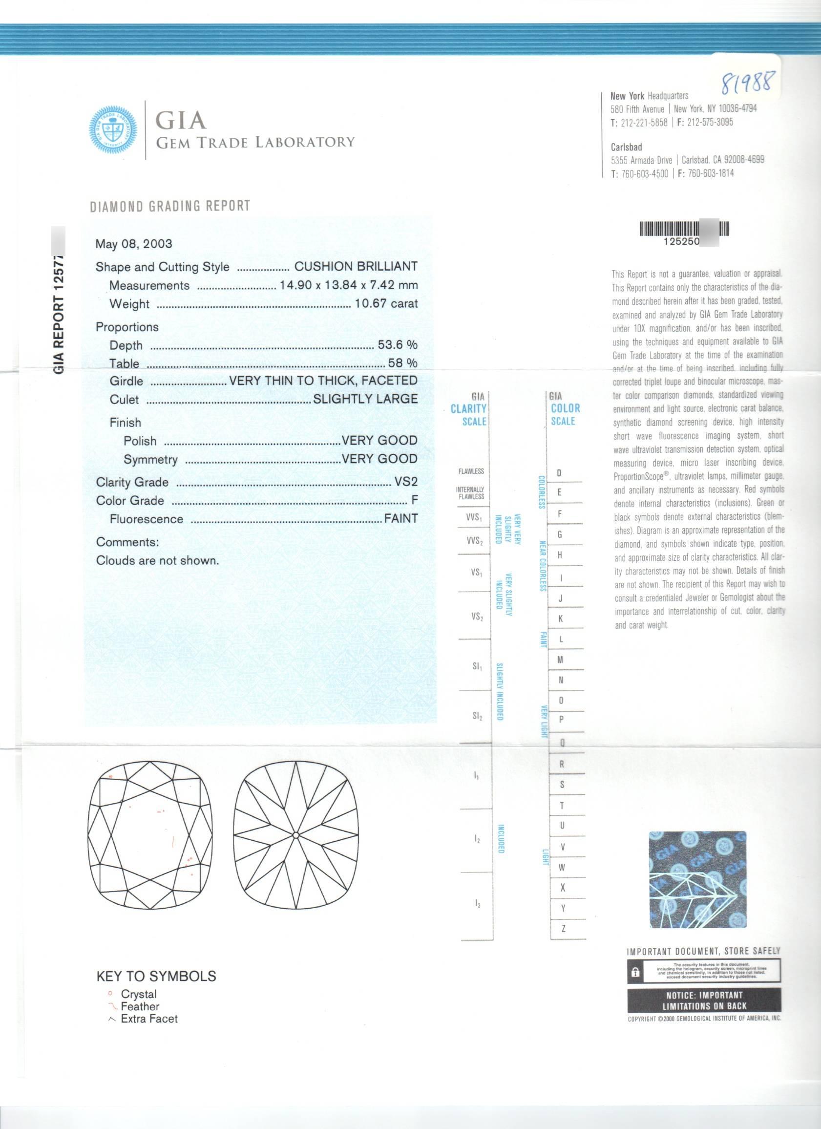 Harry Winston GIA Certified Cushion Cut 10.67 carat F/VS2 Diamond Ring  7