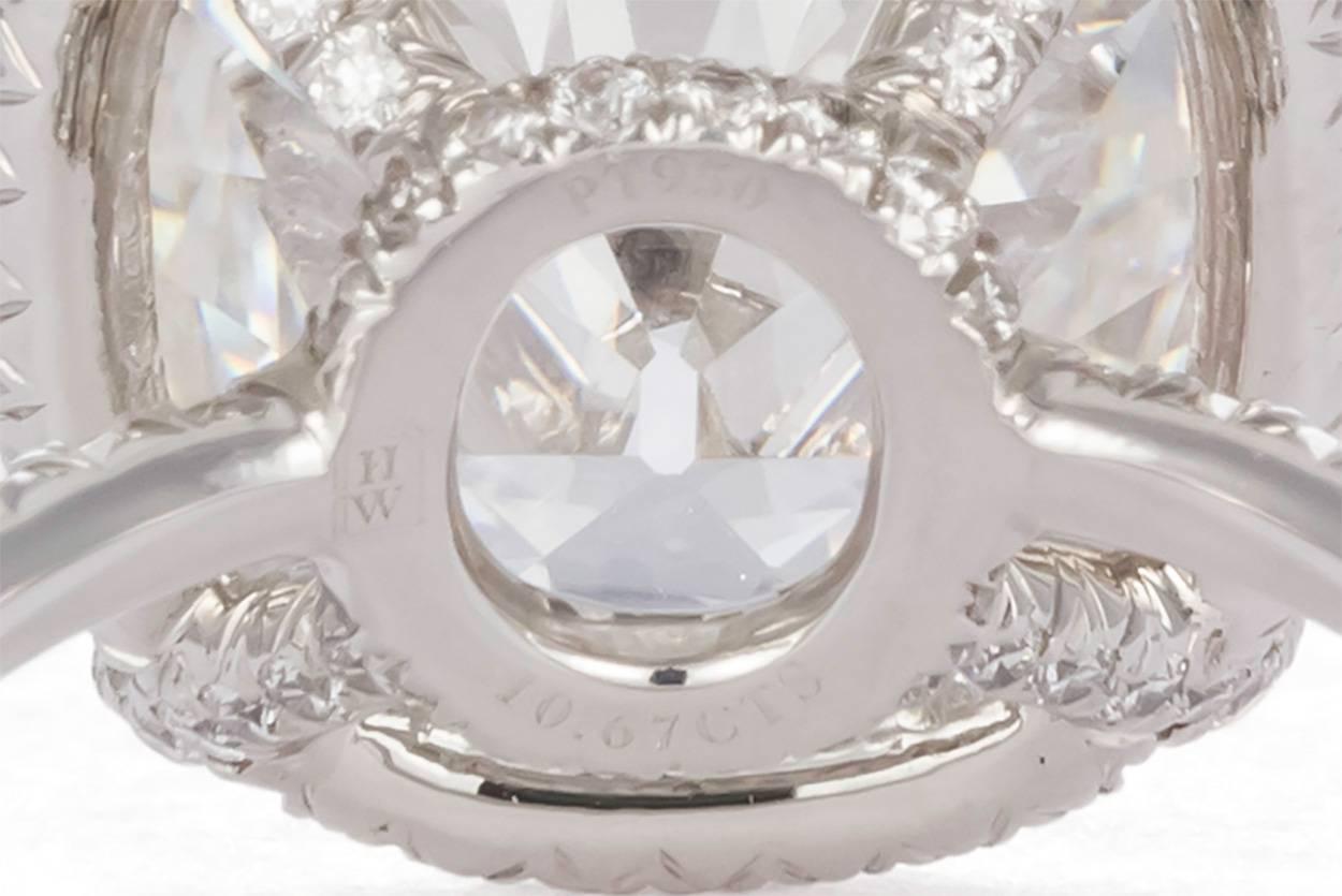 Modern Harry Winston GIA Certified Cushion Cut 10.67 carat F/VS2 Diamond Ring 
