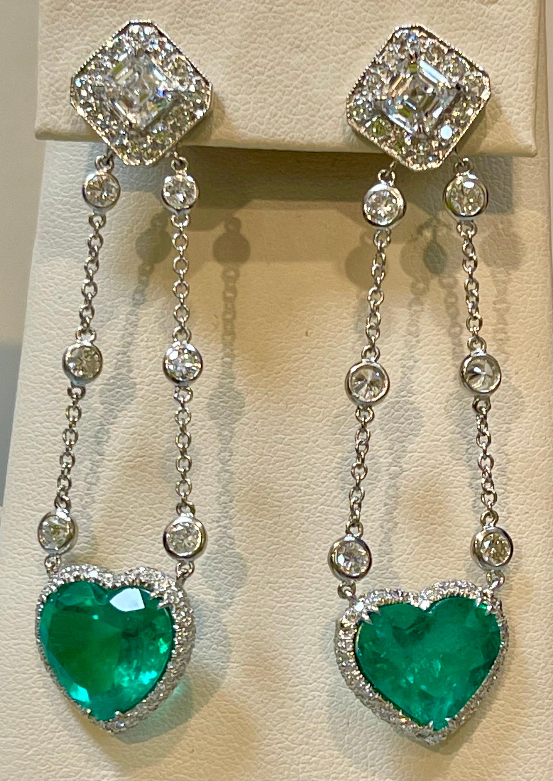 GIA Certified Heart  Colombian Emerald & GIA VVS, F 1.12 Ct Each Diamond Earring 3