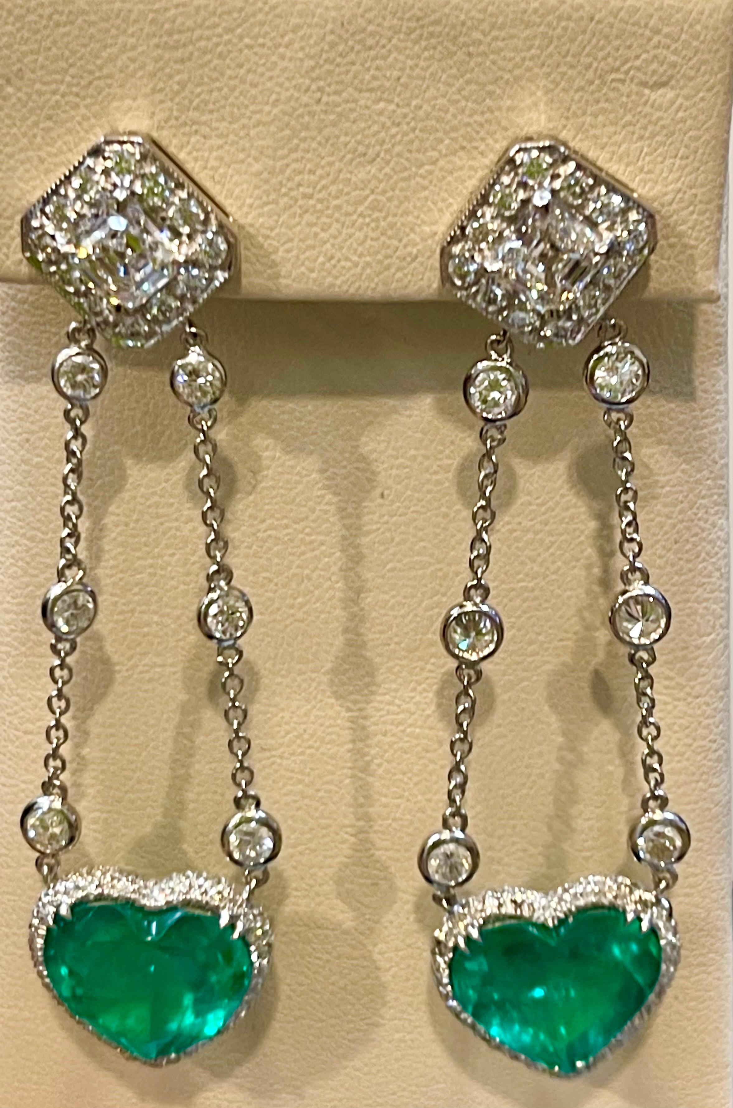 GIA Certified Heart  Colombian Emerald & GIA VVS, F 1.12 Ct Each Diamond Earring 4