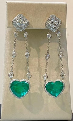 GIA Certified Heart  Colombian Emerald & GIA VVS, F 1.12 Ct Each Diamond Earring