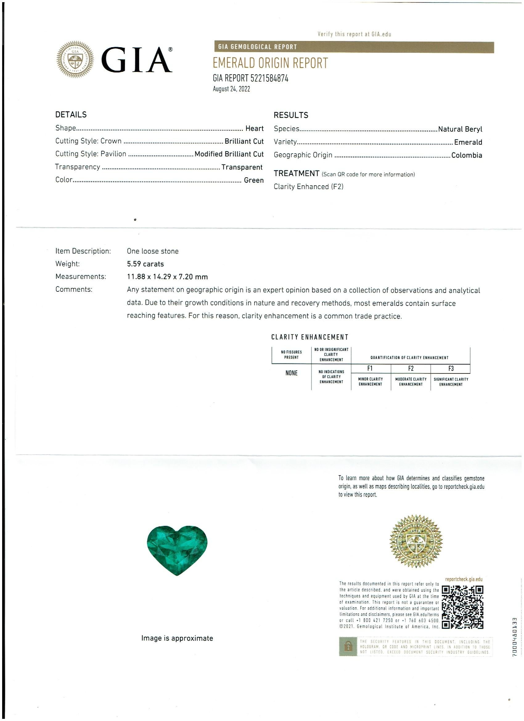 GIA Certified Heart  Colombian Emerald & GIA VVS, F 1.12 Ct Each Diamond Earring In Excellent Condition In New York, NY