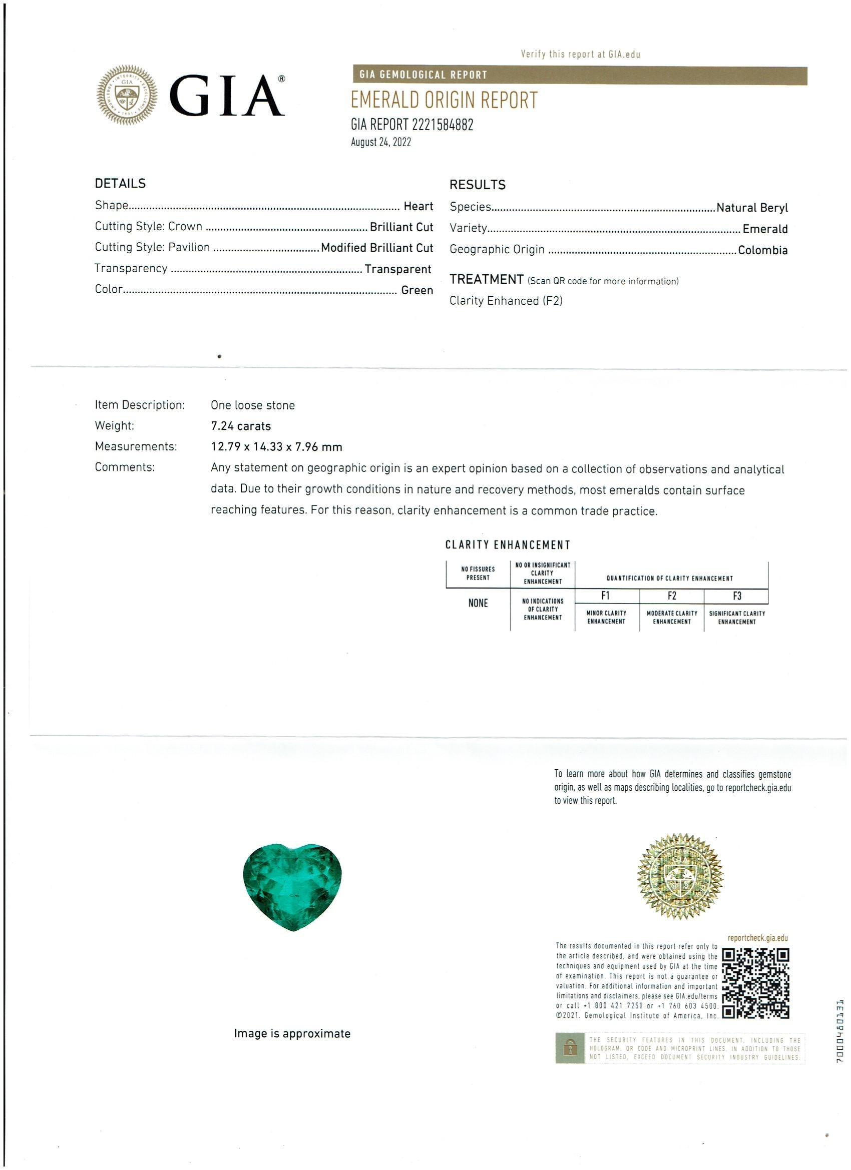Women's GIA Certified Heart  Colombian Emerald & GIA VVS, F 1.12 Ct Each Diamond Earring