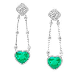 GIA Certified Heart  Colombian Emerald & GIA VVS, F 1.12 Ct Each Diamond Earring