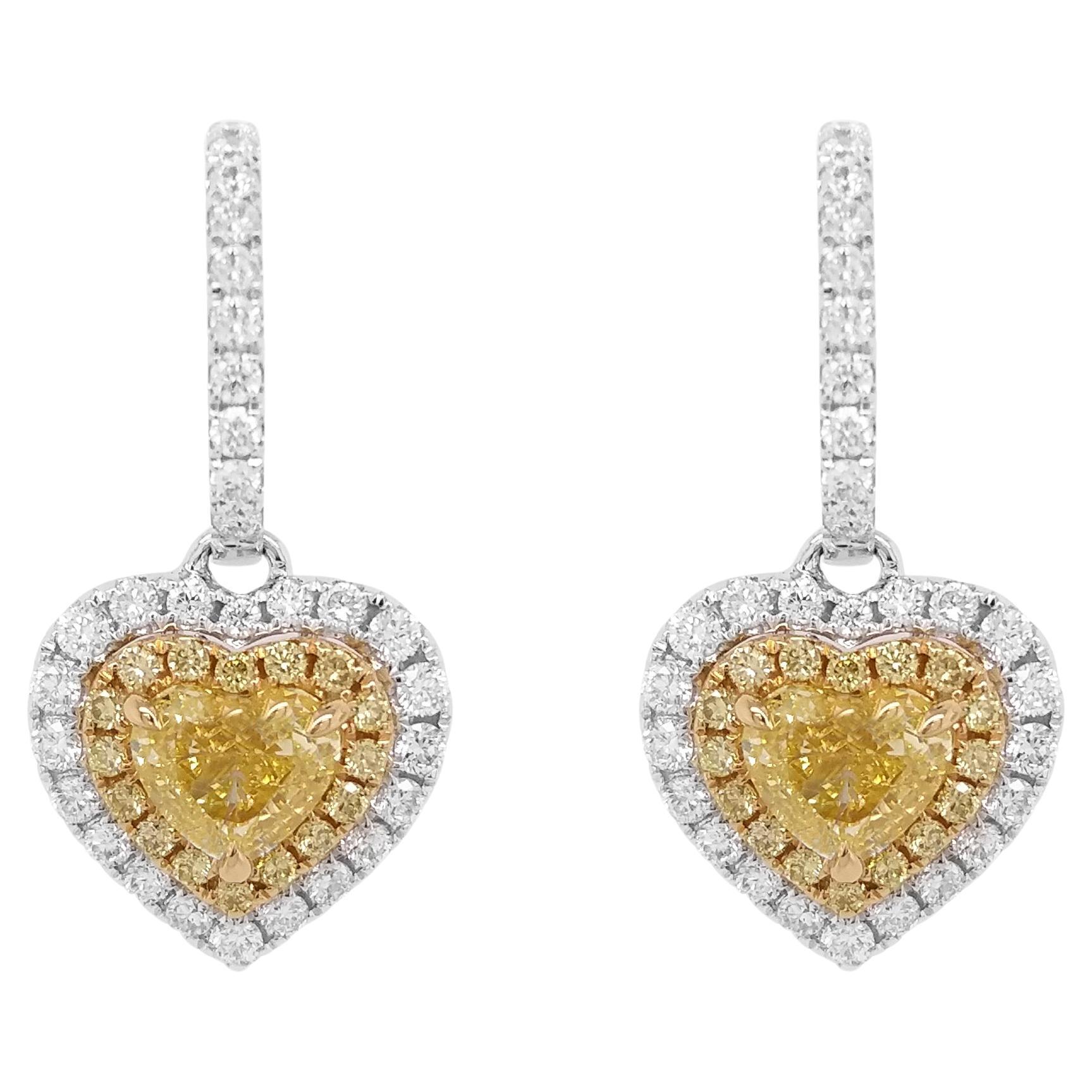 GIA Certified Heart Natural Yellow Diamond White Diamond 18K Gold Earrings