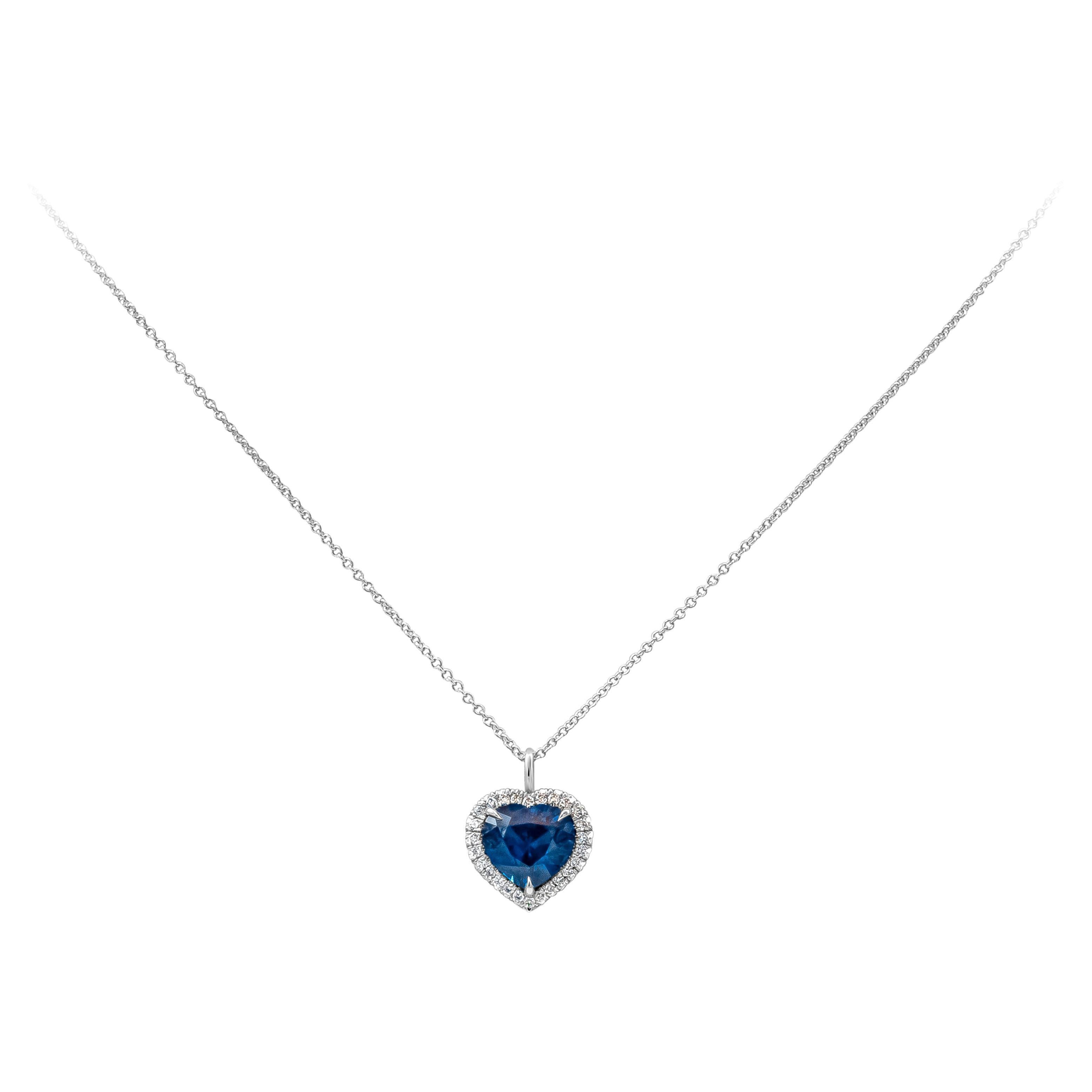 GIA Certified 2.58 Carats Heart Shape Blue Sapphire & Diamond Pendant Necklace