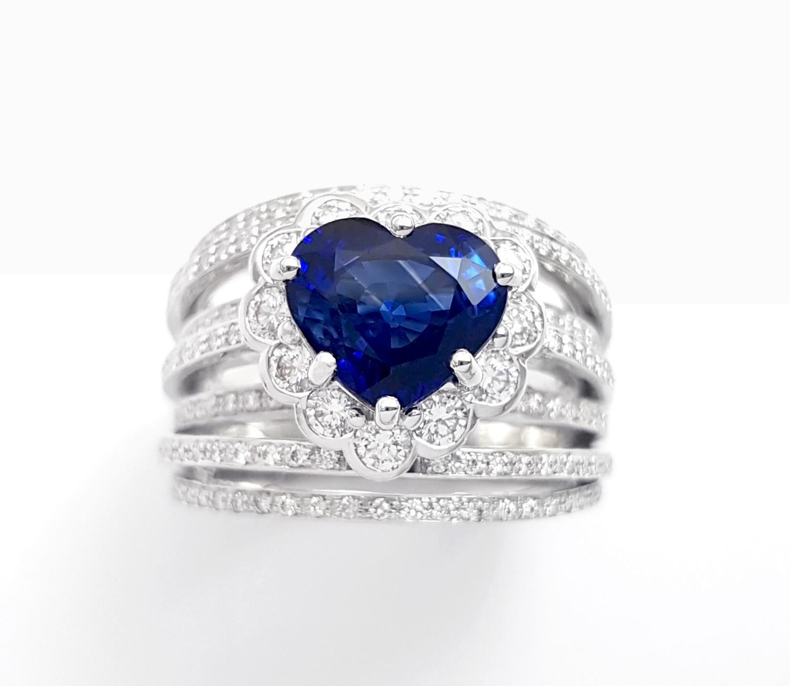 GIA Certified Heart Shape Blue Sapphire with Diamond Ring in 18K White Gold For Sale 6