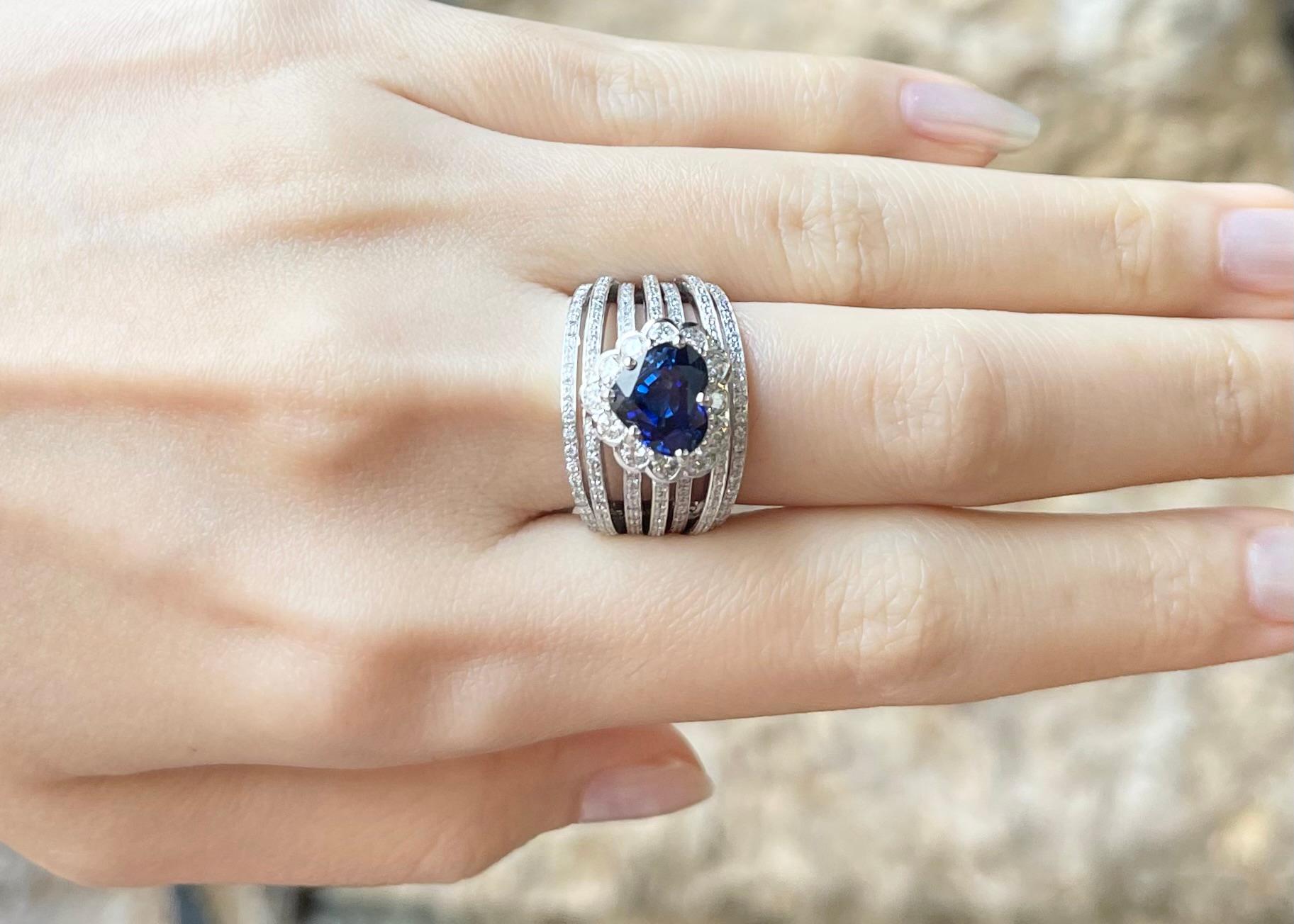 Contemporary GIA Certified Heart Shape Blue Sapphire with Diamond Ring in 18K White Gold For Sale