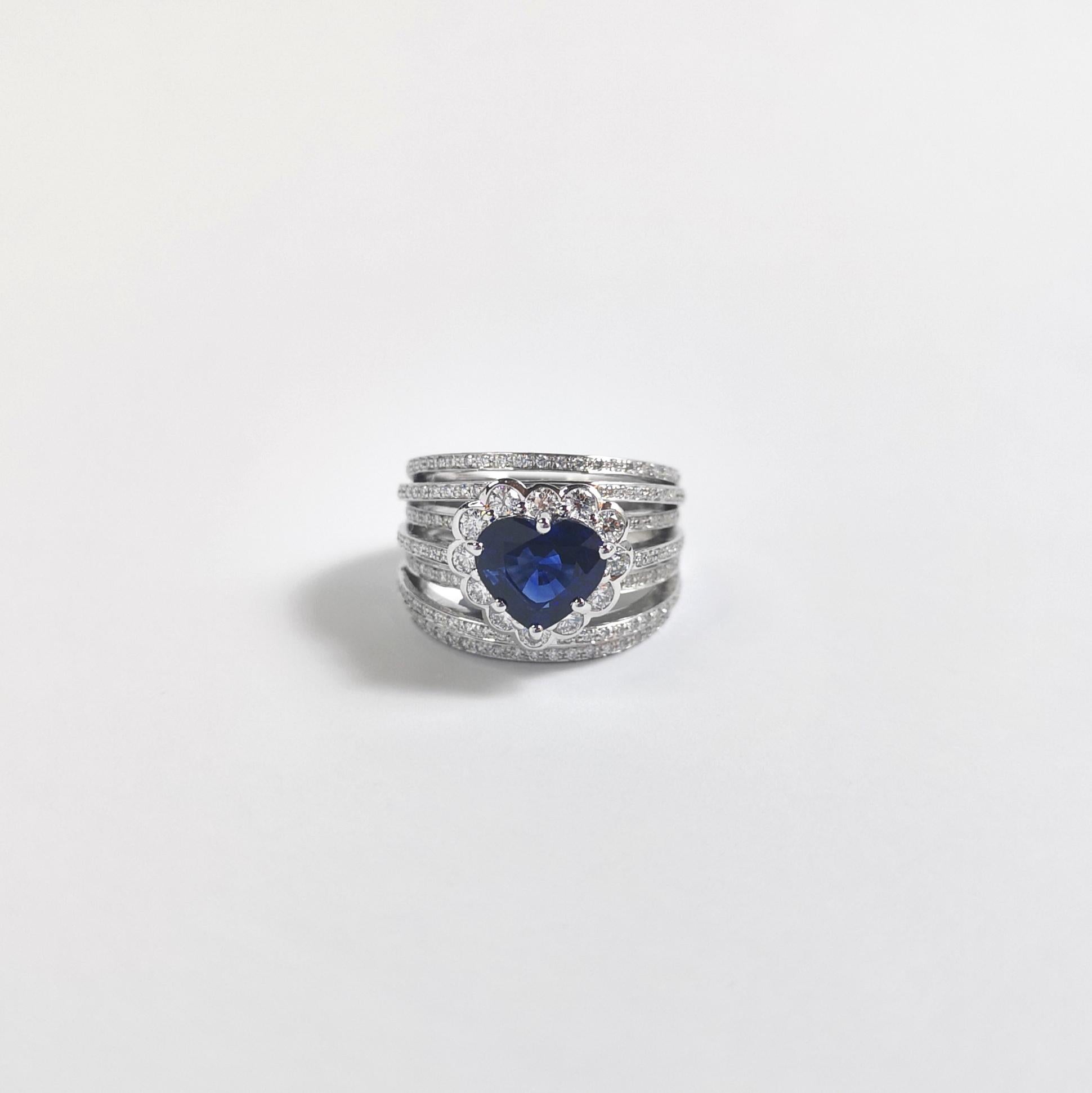 GIA Certified Heart Shape Blue Sapphire with Diamond Ring in 18K White Gold For Sale 2