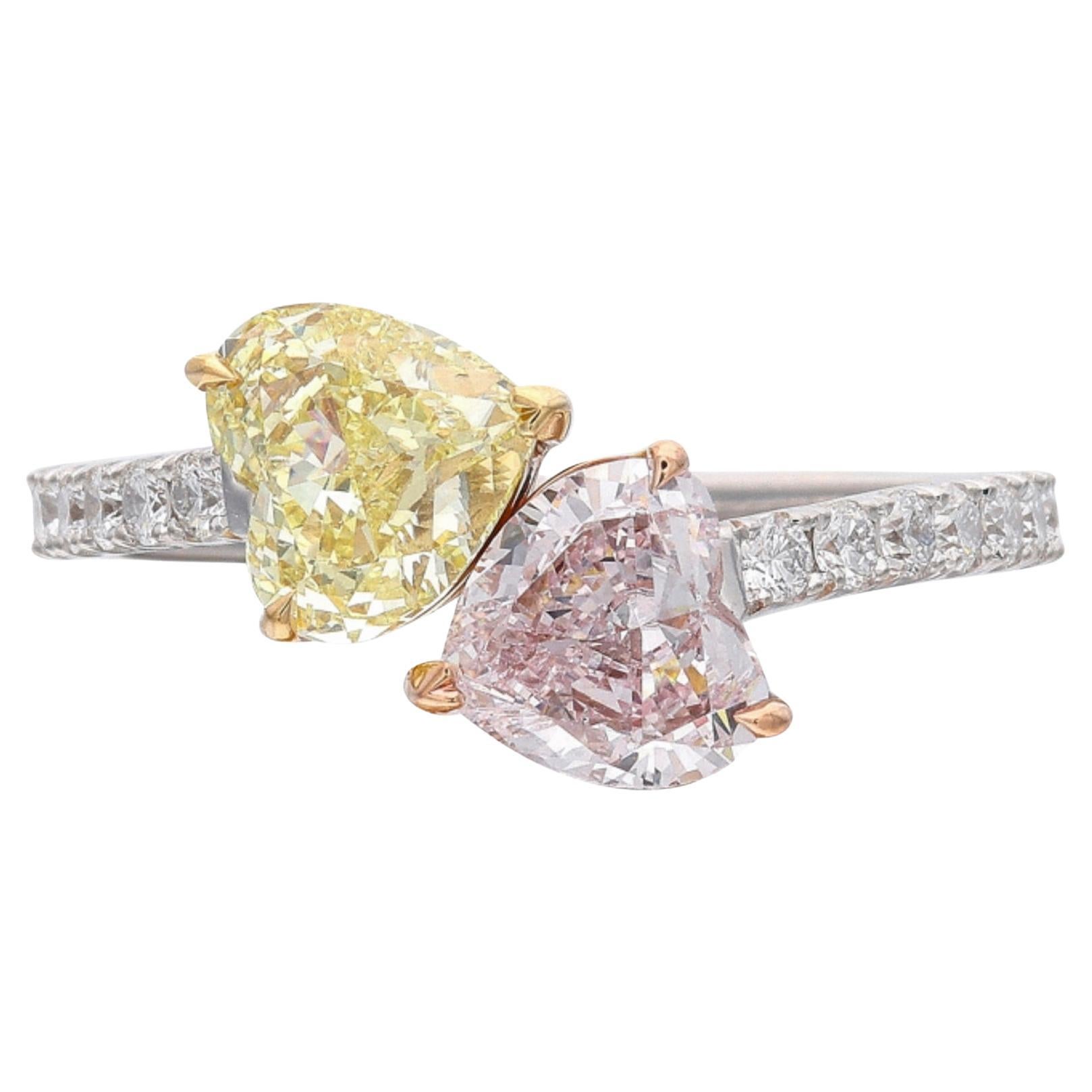 GIA Certified Heart Shape Bypass Fancy Light Pink Fancy Yellow Ring For Sale
