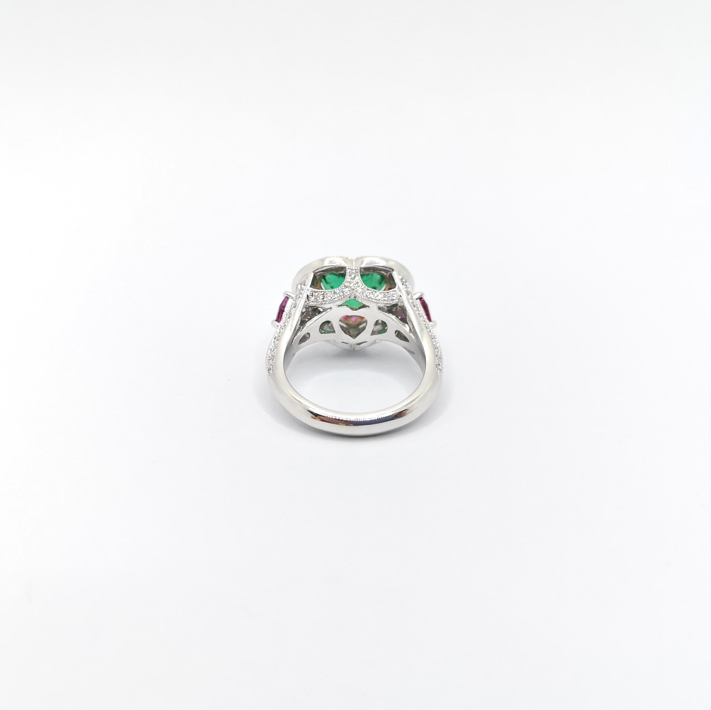 GIA Certified Heart Shape Emerald, Pink Sapphire, Diamond Ring in 18K White Gold For Sale 4