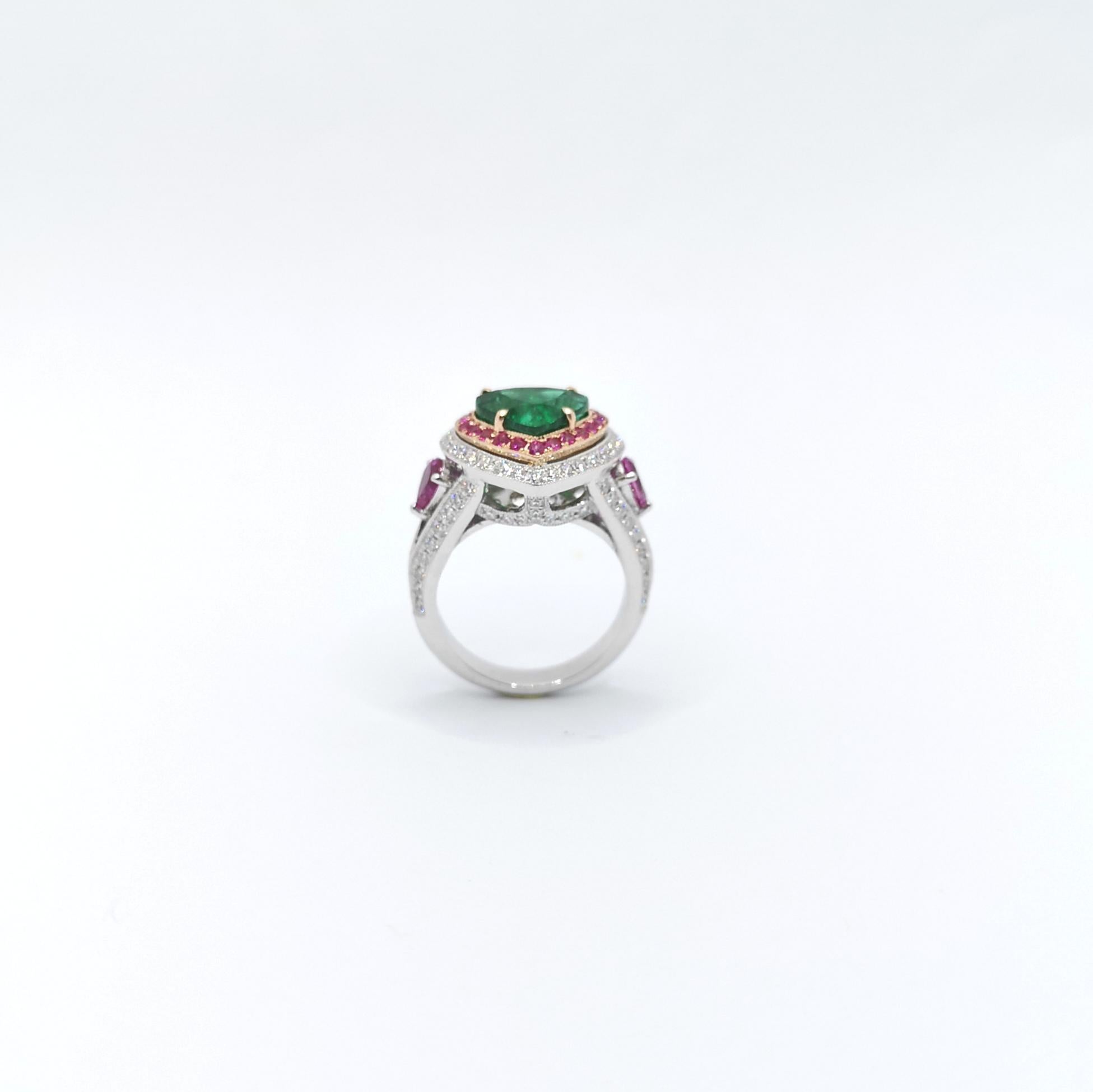 GIA Certified Heart Shape Emerald, Pink Sapphire, Diamond Ring in 18K White Gold For Sale 5