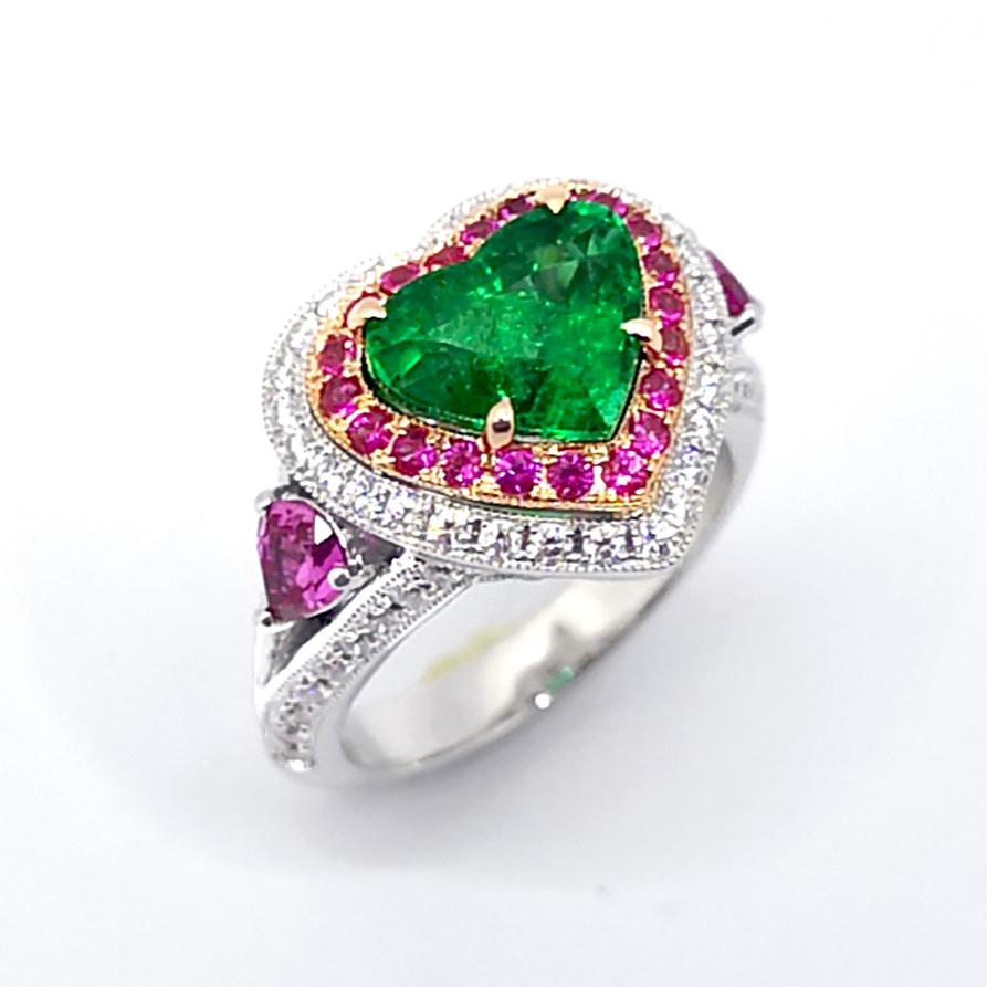 GIA Certified Heart Shape Emerald, Pink Sapphire, Diamond Ring in 18K White Gold For Sale 6