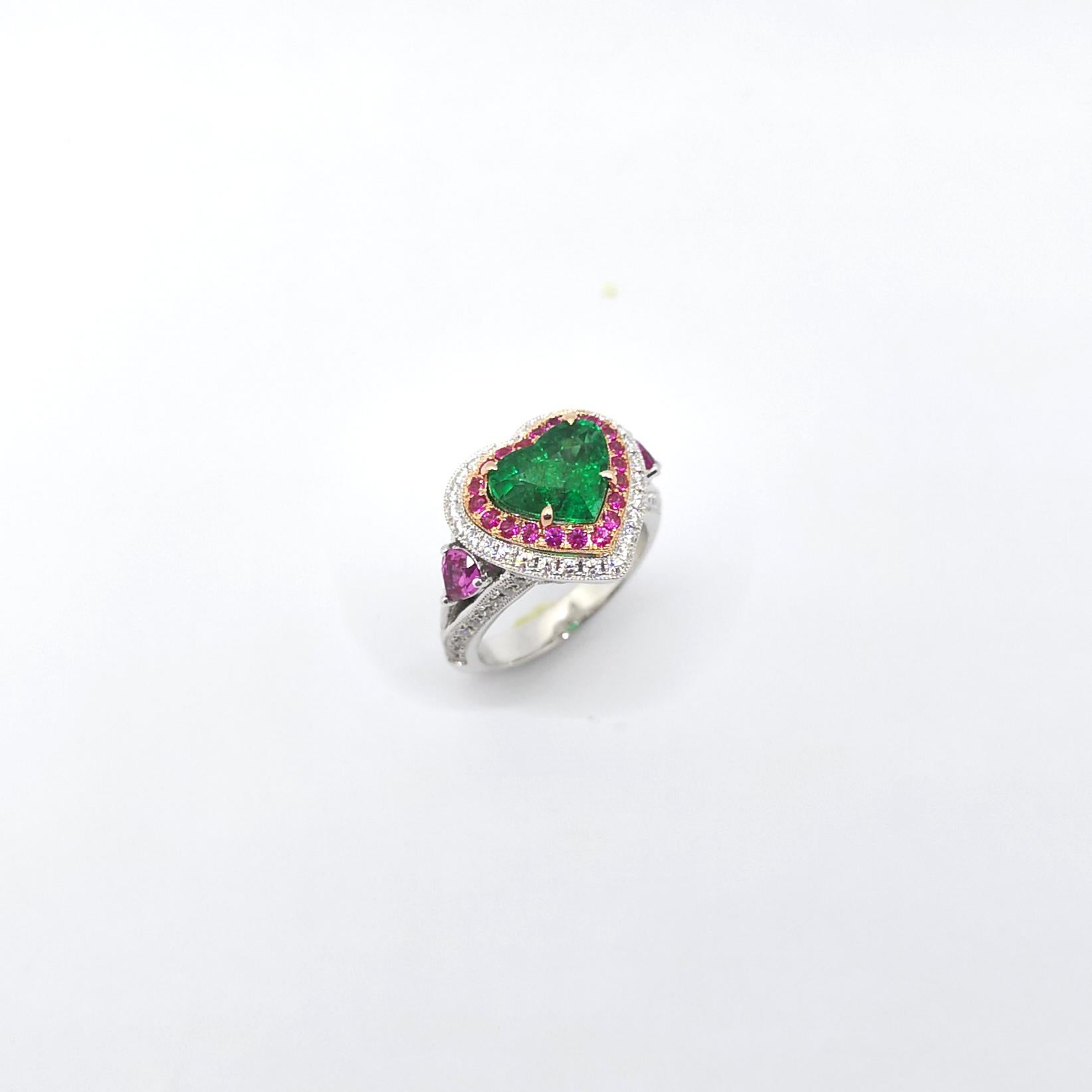 GIA Certified Heart Shape Emerald, Pink Sapphire, Diamond Ring in 18K White Gold For Sale 7
