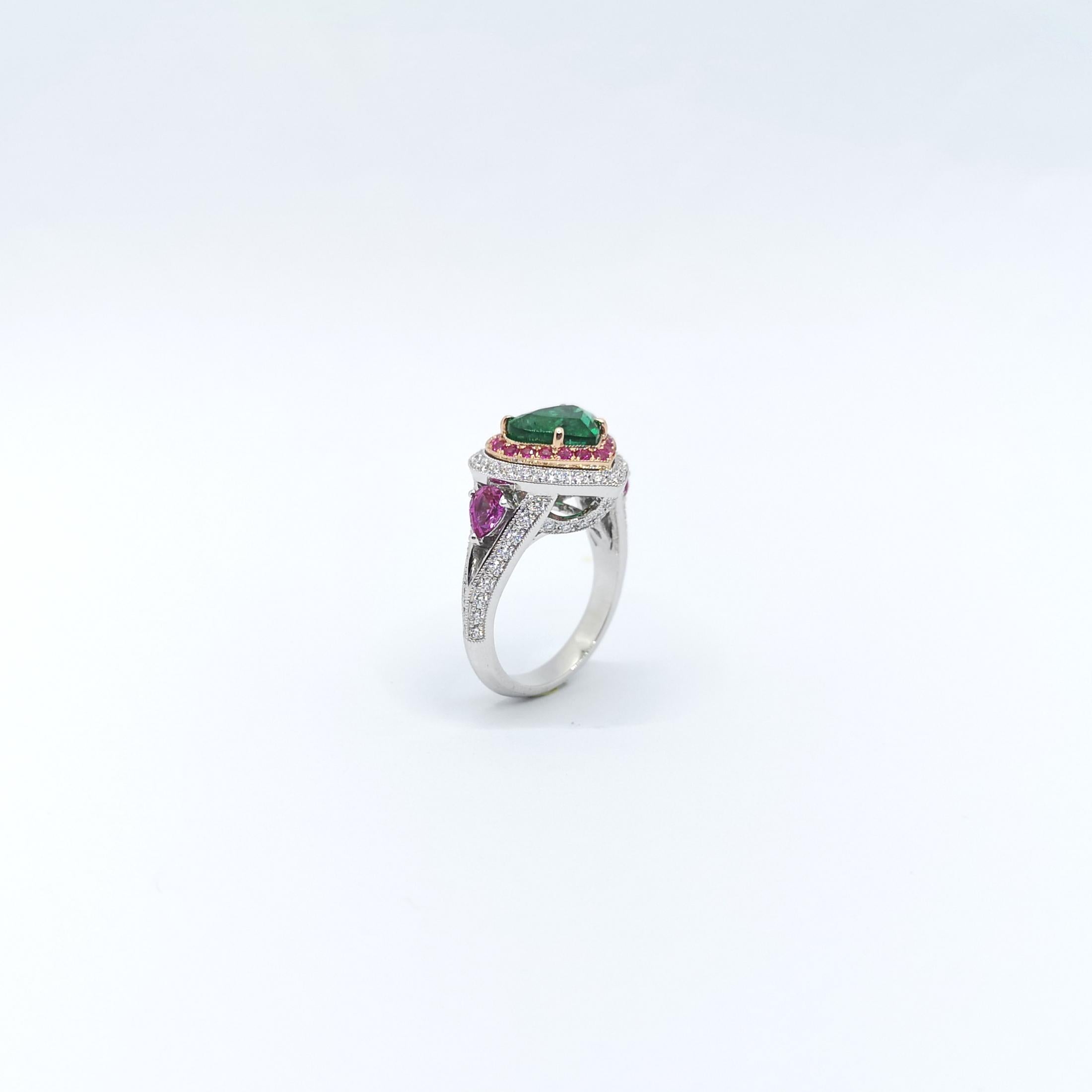GIA Certified Heart Shape Emerald, Pink Sapphire, Diamond Ring in 18K White Gold For Sale 8