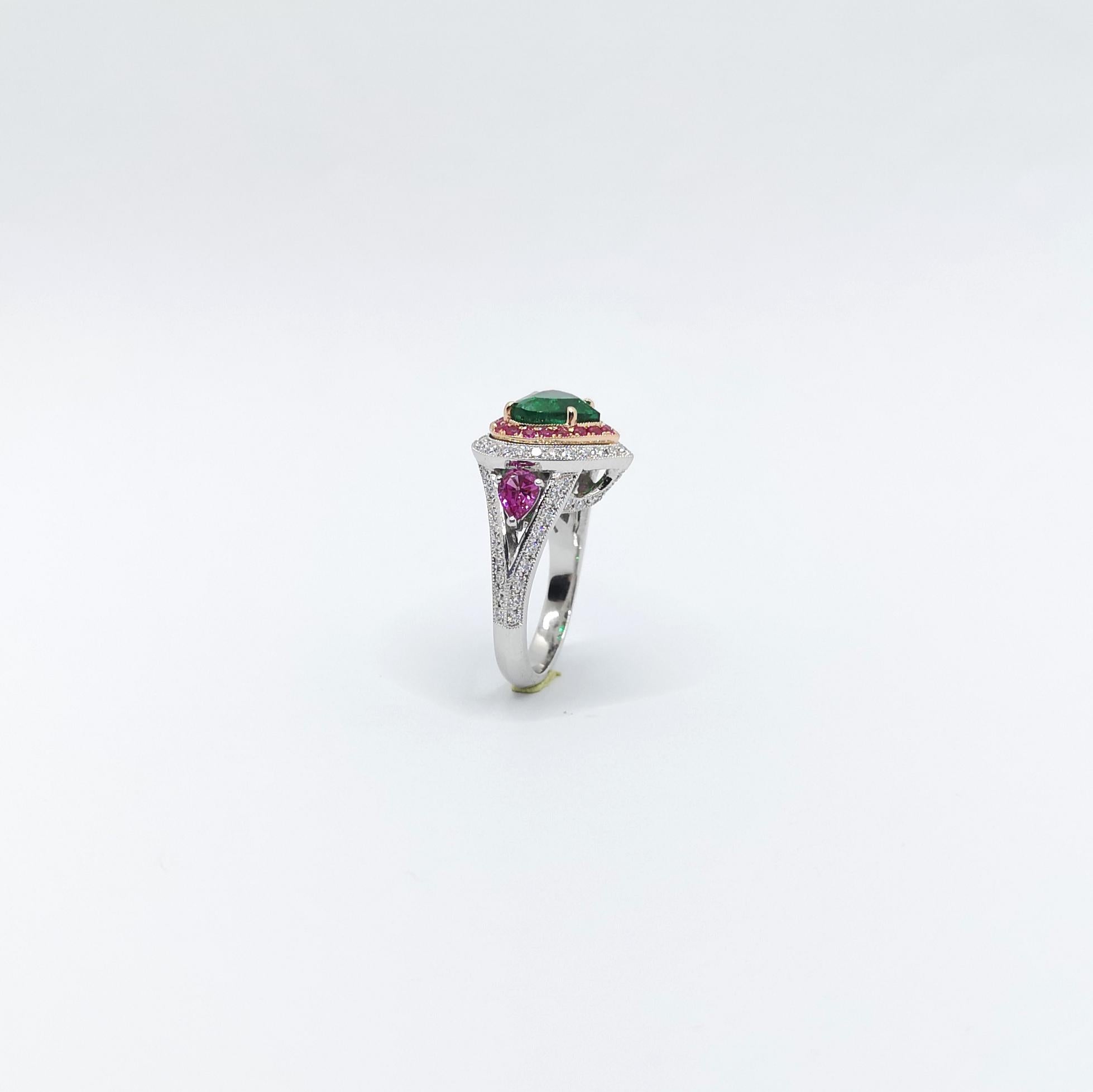 GIA Certified Heart Shape Emerald, Pink Sapphire, Diamond Ring in 18K White Gold For Sale 9