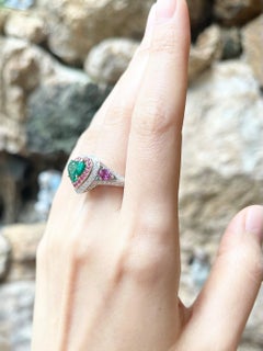 GIA Certified Heart Shape Emerald, Pink Sapphire, Diamond Ring in 18K White Gold