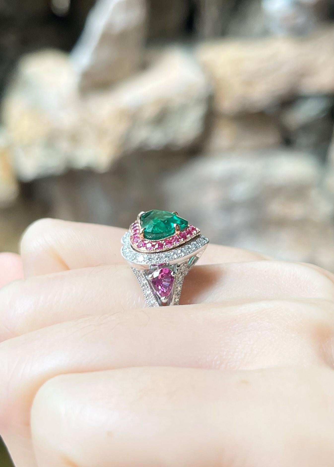 Contemporary GIA Certified Heart Shape Emerald, Pink Sapphire, Diamond Ring in 18K White Gold For Sale