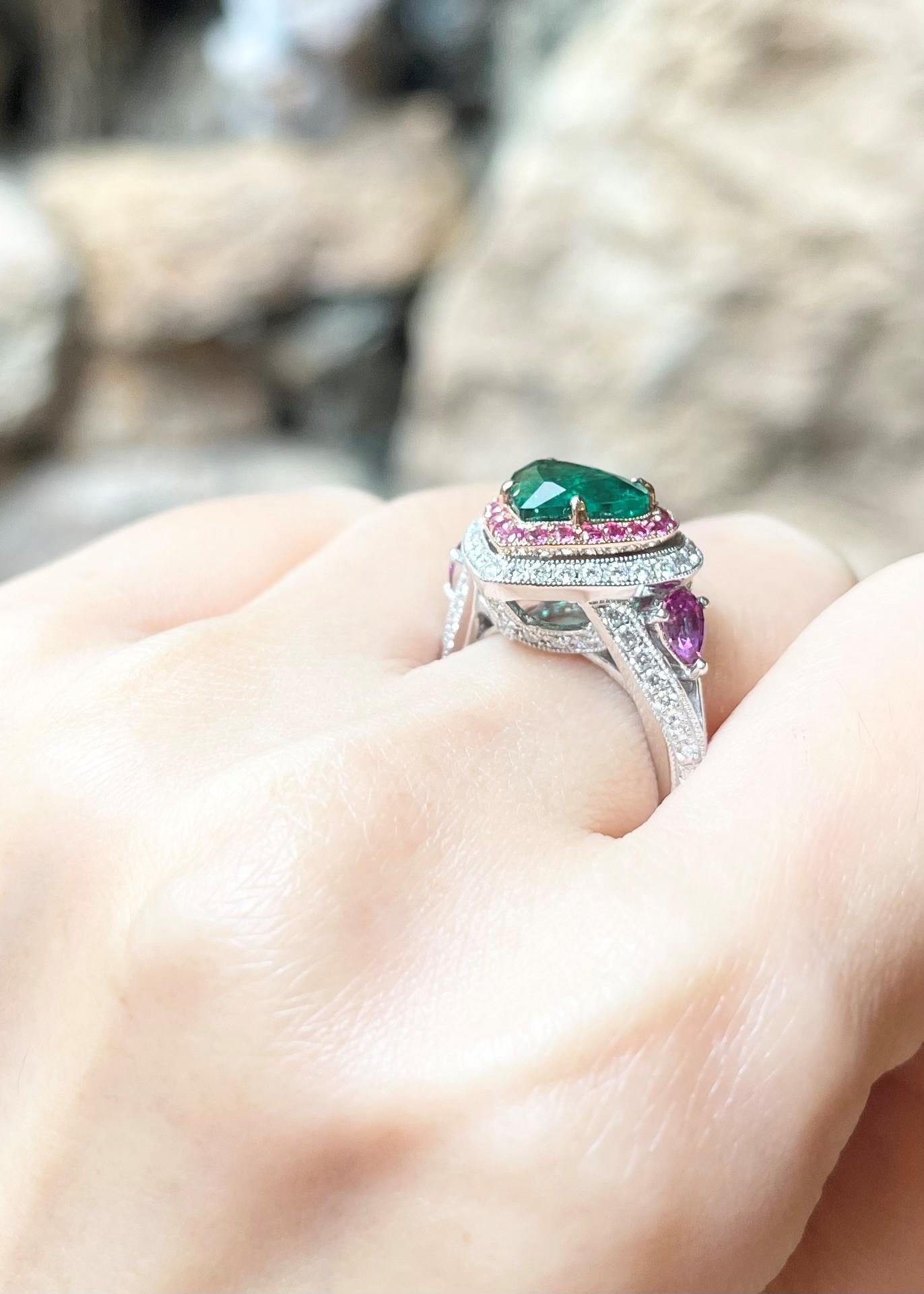 Heart Cut GIA Certified Heart Shape Emerald, Pink Sapphire, Diamond Ring in 18K White Gold For Sale