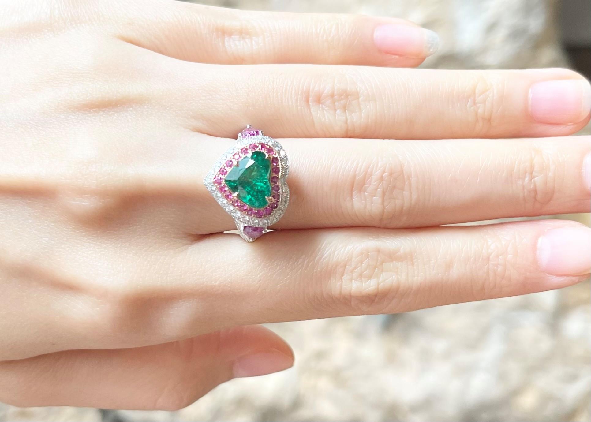 Women's GIA Certified Heart Shape Emerald, Pink Sapphire, Diamond Ring in 18K White Gold For Sale