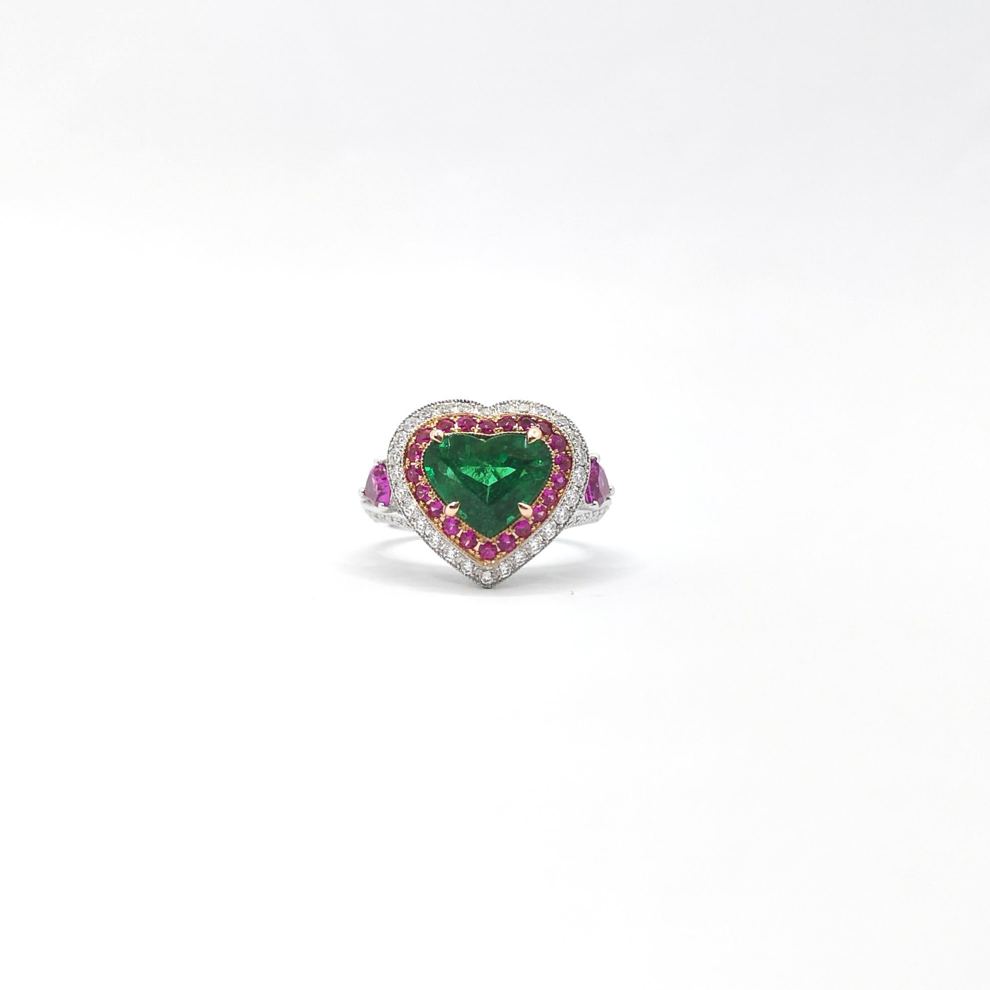 GIA Certified Heart Shape Emerald, Pink Sapphire, Diamond Ring in 18K White Gold For Sale 2