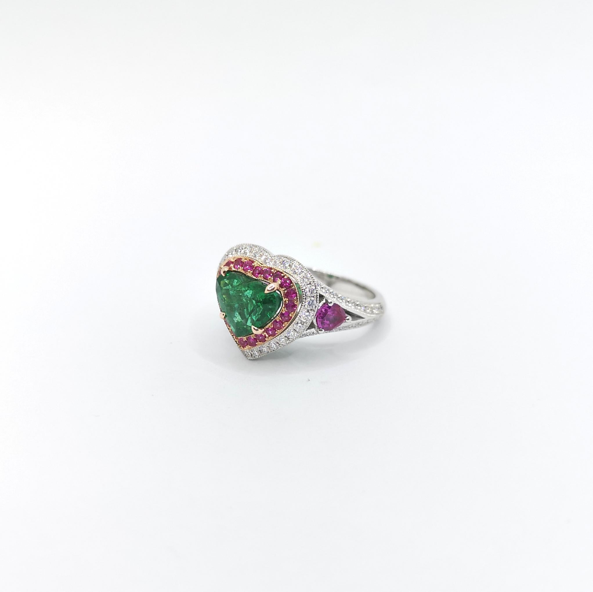 GIA Certified Heart Shape Emerald, Pink Sapphire, Diamond Ring in 18K White Gold For Sale 3