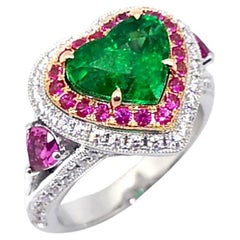 GIA Certified Heart Shape Emerald, Pink Sapphire, Diamond Ring in 18K White Gold