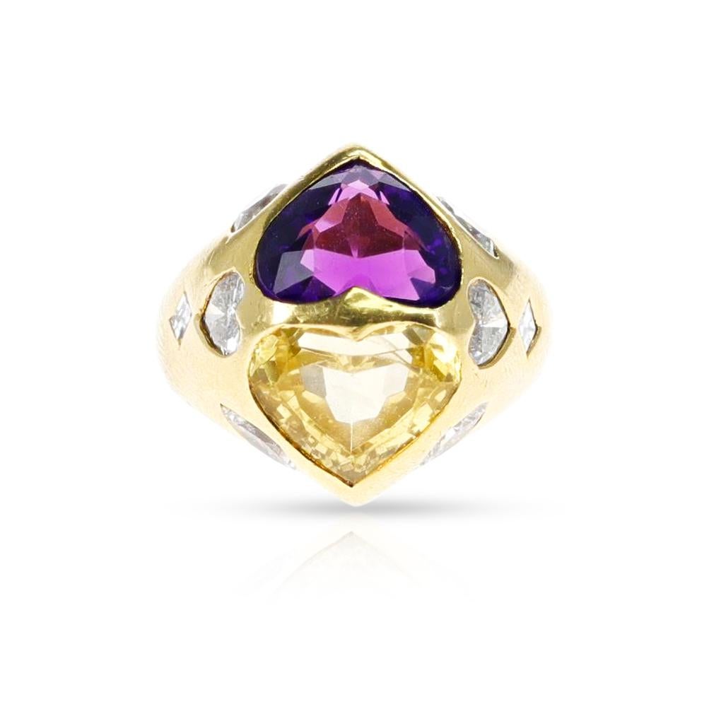 Heart Cut GIA Certified Heart Shape Natural Yellow Sapphire, Amethyst & Diamond Twin Ring For Sale