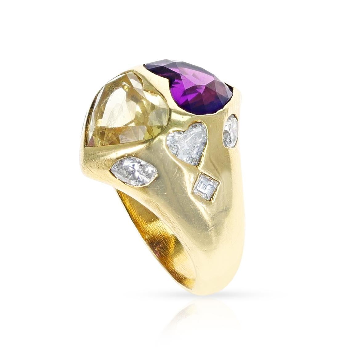 GIA Certified Heart Shape Natural Yellow Sapphire, Amethyst & Diamond Twin Ring In Excellent Condition For Sale In New York, NY
