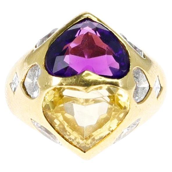 GIA Certified Heart Shape Natural Yellow Sapphire, Amethyst & Diamond Twin Ring For Sale