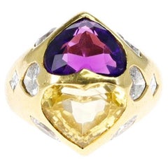 Vintage GIA Certified Heart Shape Natural Yellow Sapphire, Amethyst & Diamond Twin Ring