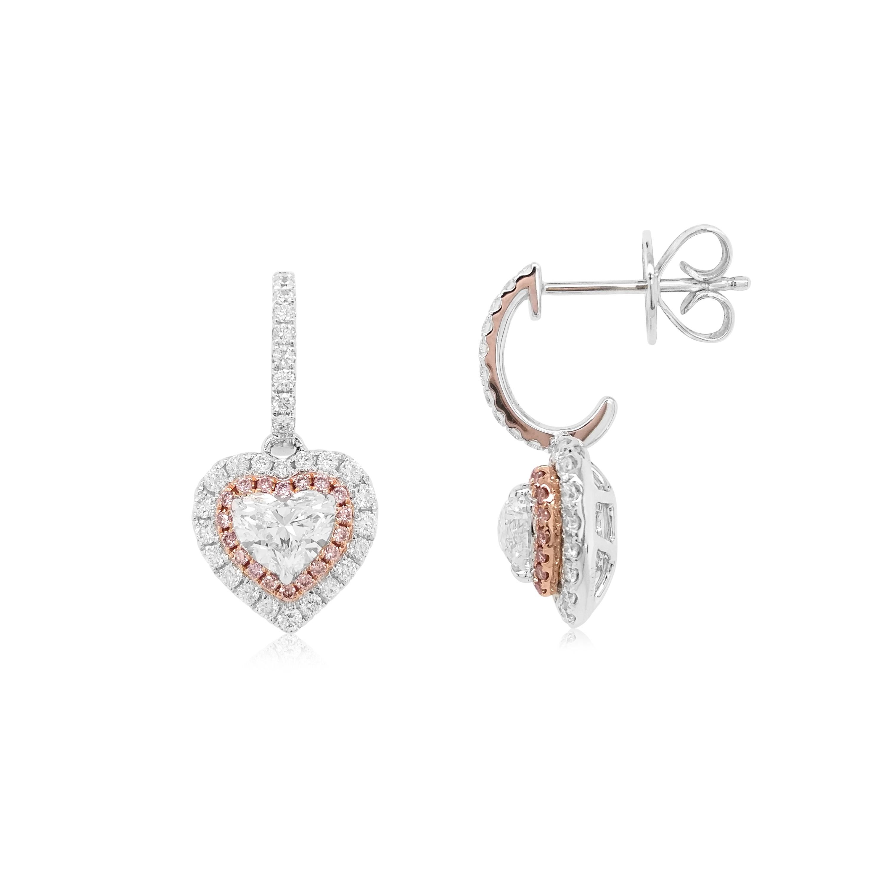 GIA-zertifizierte herzförmige Ohrringe aus 18 Karat Gold mit weißen Diamanten und rosa Diamanten in Herzform (Zeitgenössisch) im Angebot