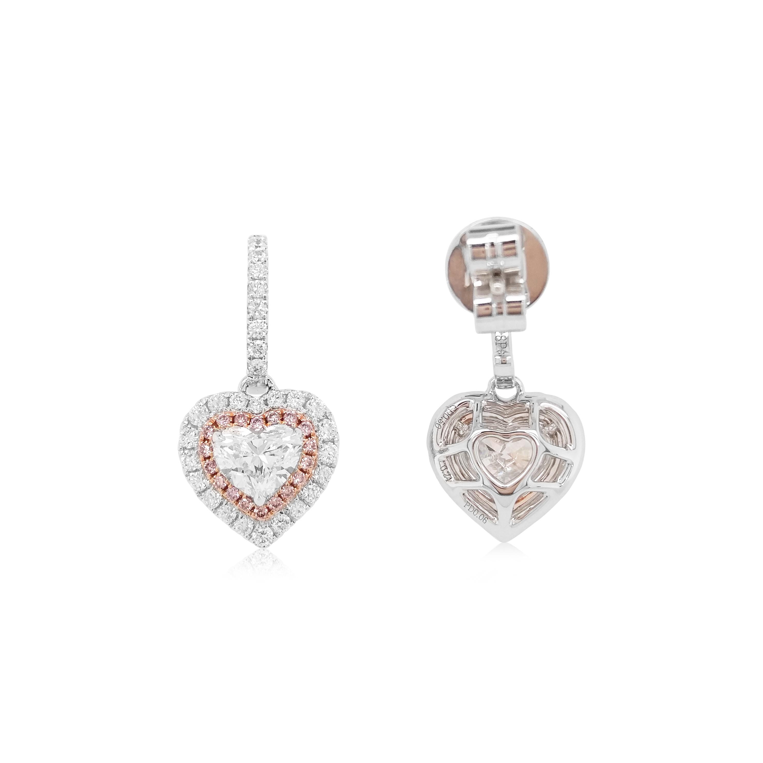 GIA-zertifizierte herzförmige Ohrringe aus 18 Karat Gold mit weißen Diamanten und rosa Diamanten in Herzform (Herzschliff) im Angebot